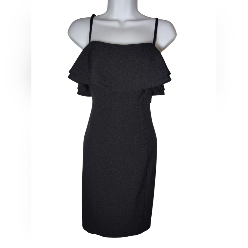 Karl Lagerfeld Black Knee-Length Spaghetti Strap Ruffle Top Sheath Dress 0